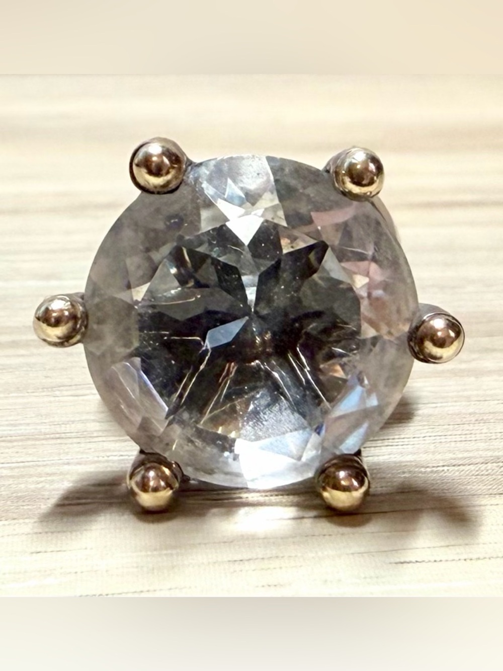 Designer YAM Israel Sterling Silver & 14K Gold Clear Natural Stone Ring, Size 5 - Picture 2 of 11